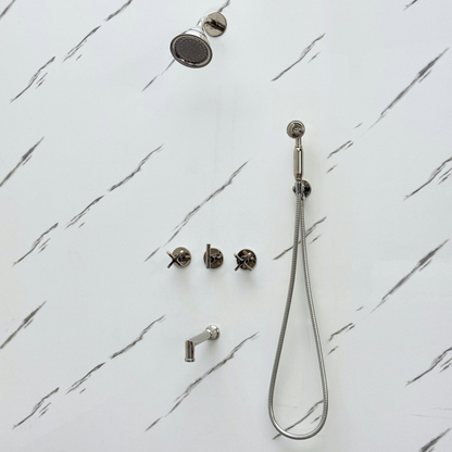 Polished Nickel Shower System with Round Rain Adjustable Shower Head, Handheld Shower Head, Tub Filler and Cross Handles