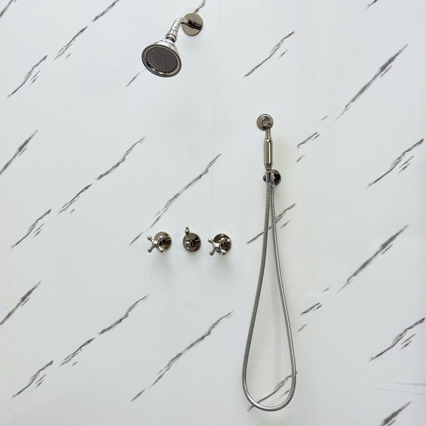 Polished Nickel Shower System with Round Rain Adjustable Shower Head, Handheld Shower Head and Cross Handles