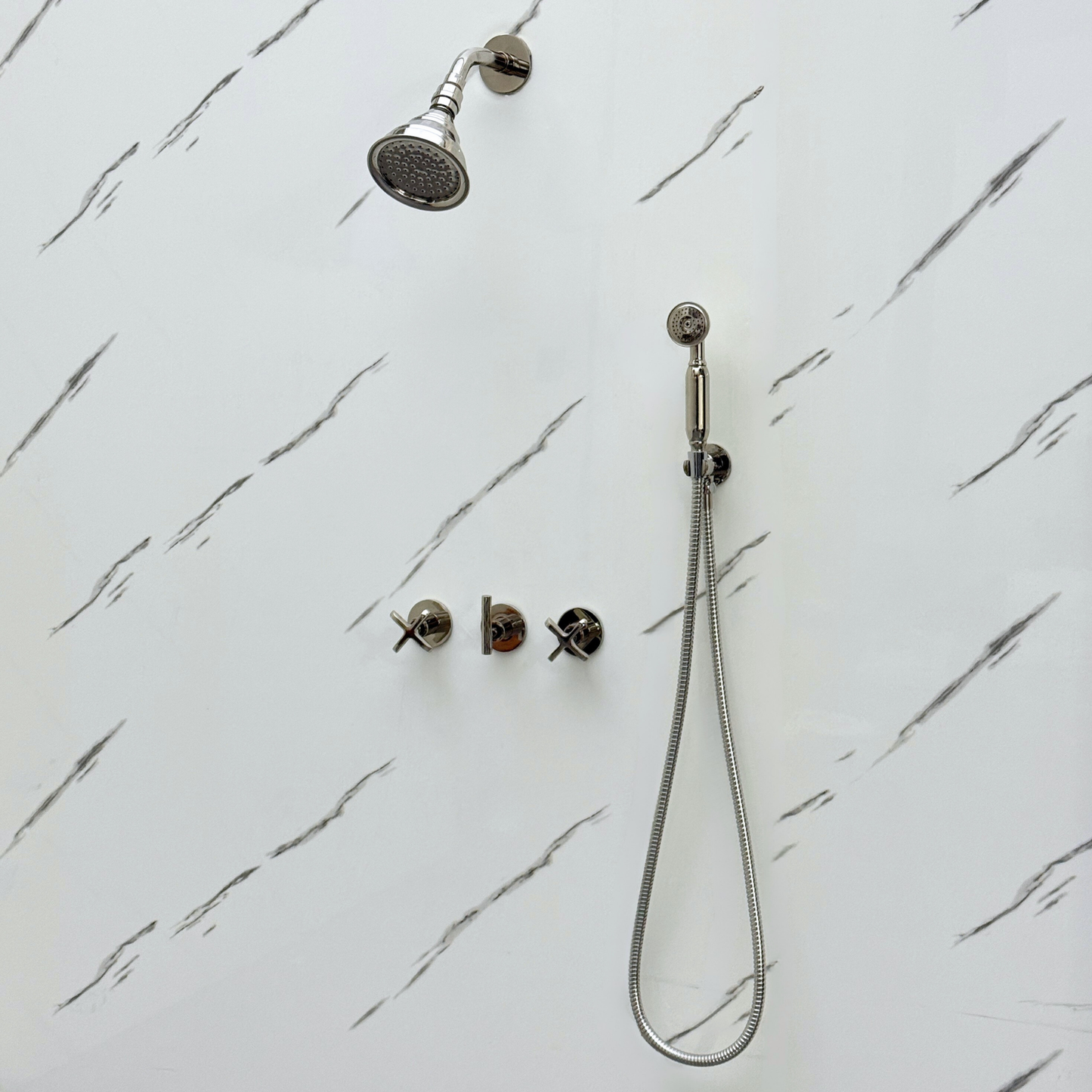 Polished Nickel Shower System with Round Rain Adjustable Shower Head, Handheld Shower Head and Cross Handles