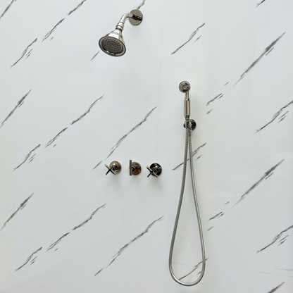 Polished Nickel Shower System with Round Rain Adjustable Shower Head, Handheld Shower Head and Cross Handles