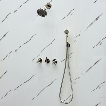 Polished Nickel Shower System with Round Rain Adjustable Shower Head, Handheld Shower Head and Cross Handles