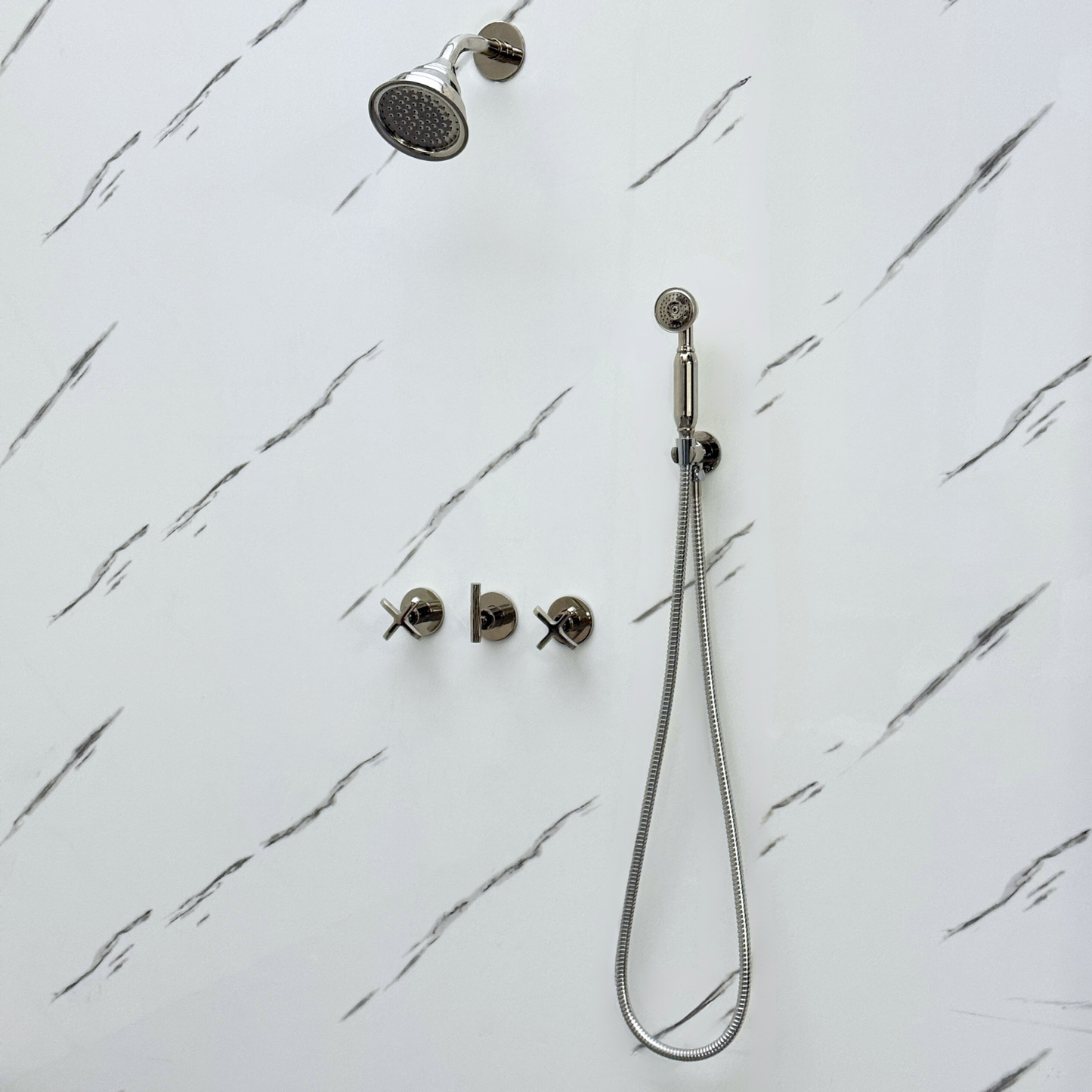 Polished Nickel Shower System with Round Rain Adjustable Shower Head, Handheld Shower Head and Cross Handles