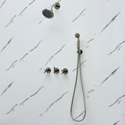 Polished Nickel Shower System with Round Rain Adjustable Shower Head, Handheld Shower Head and Cross Handles