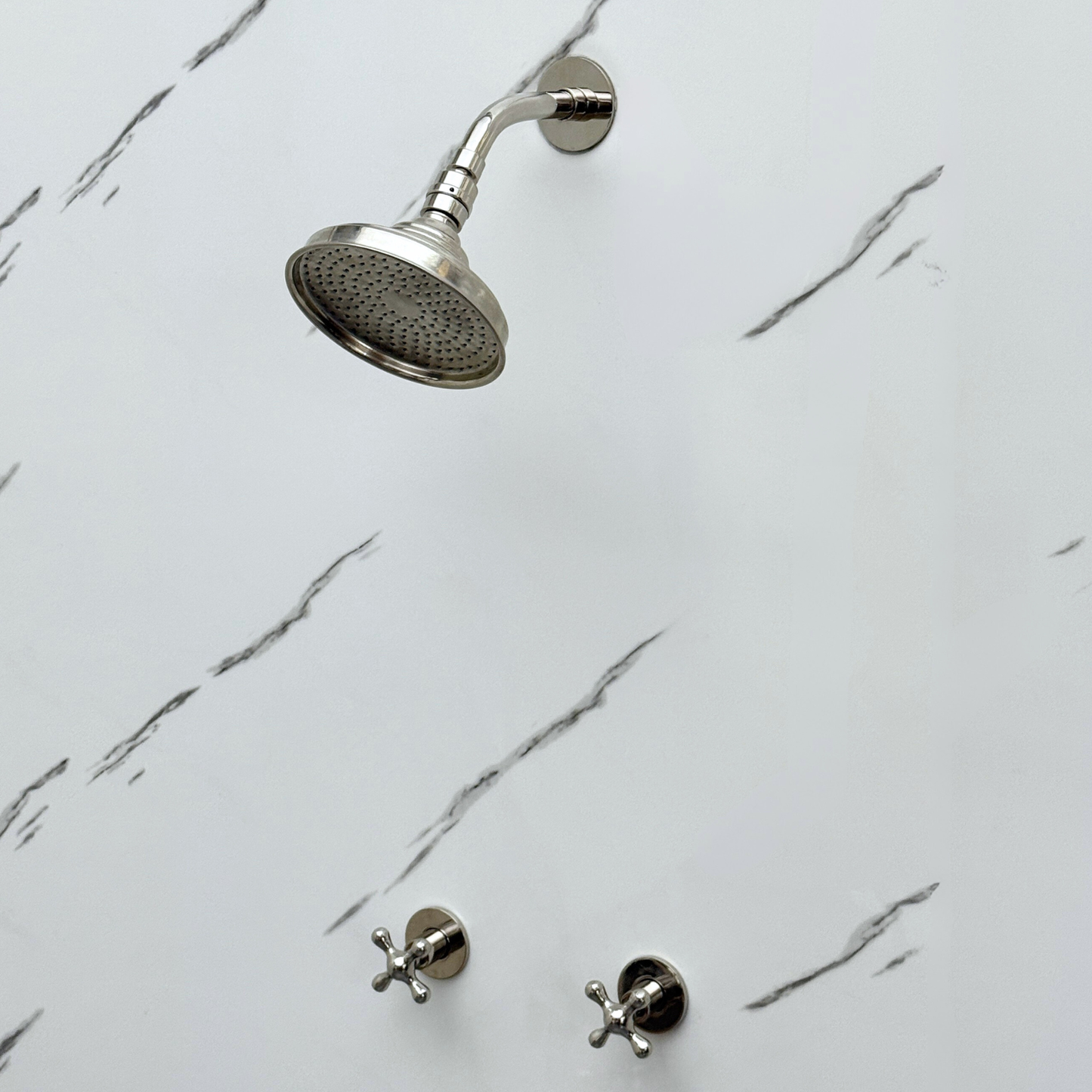 Polished Nickel Shower System with Round Rain Adjustable Shower Head, Short Arm and Cross Handles