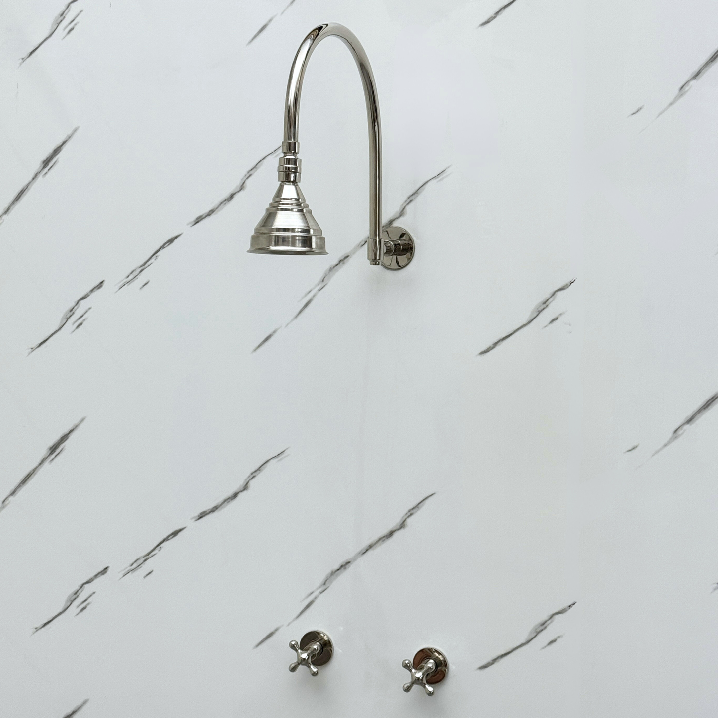 Polished Nickel Shower System with Round Rain Shower Head, Arcuate Arm and Cross Handles