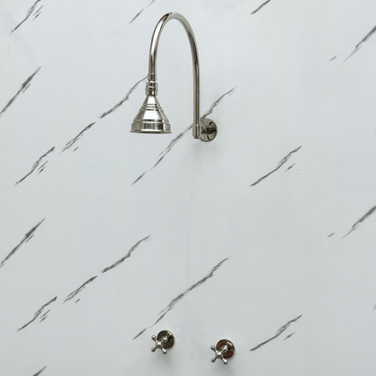 Polished Nickel Shower System with Round Rain Shower Head, Arcuate Arm and Cross Handles