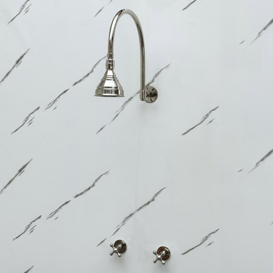 Polished Nickel Shower System with Round Rain Shower Head, Arcuate Arm and Cross Handles