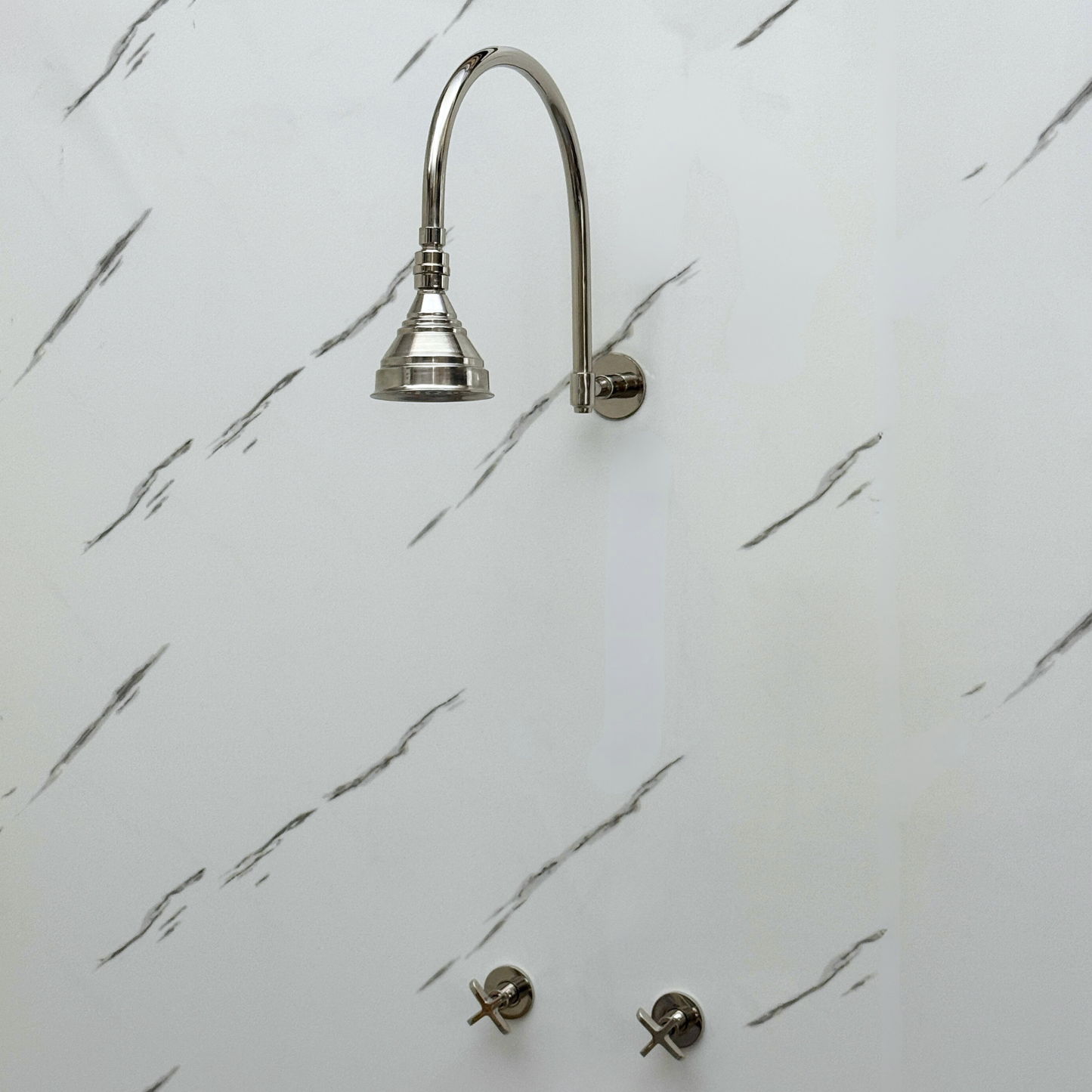 Polished Nickel Shower System with Round Rain Shower Head, Arcuate Arm and Cross Handles