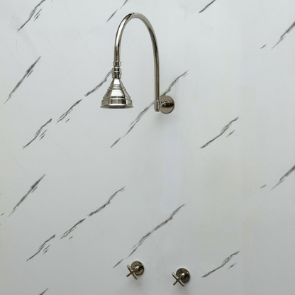 Polished Nickel Shower System with Round Rain Shower Head, Arcuate Arm and Cross Handles