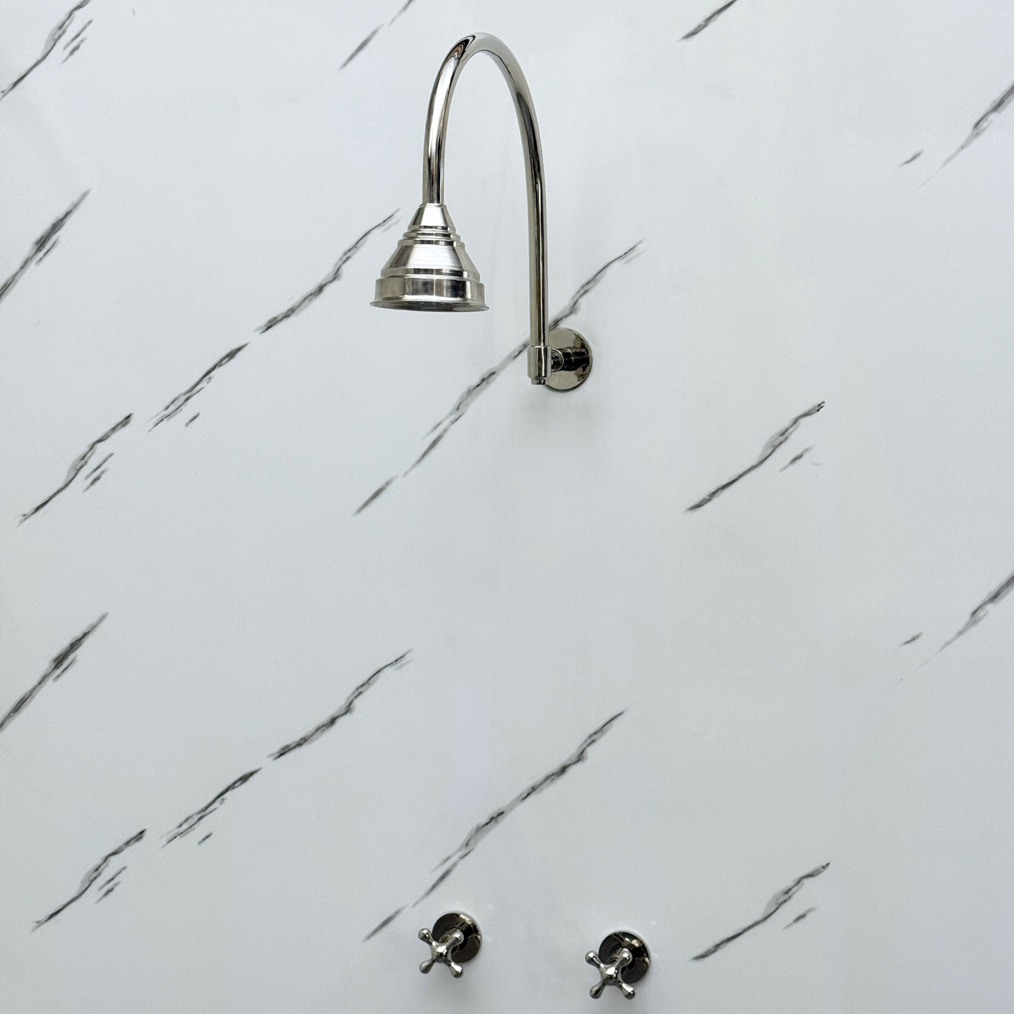 Polished Nickel Shower System with Round Rain Shower Head, Arcuate Arm and Cross Handles
