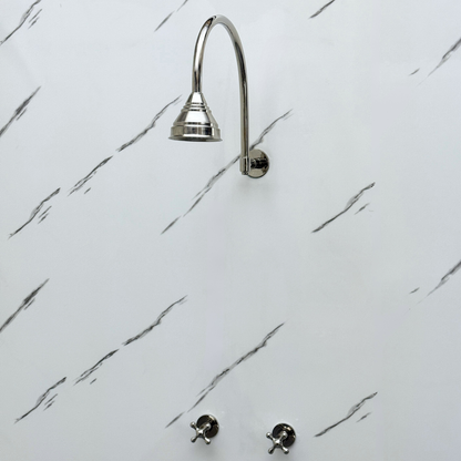 Polished Nickel Shower System with Round Rain Shower Head, Arcuate Arm and Cross Handles