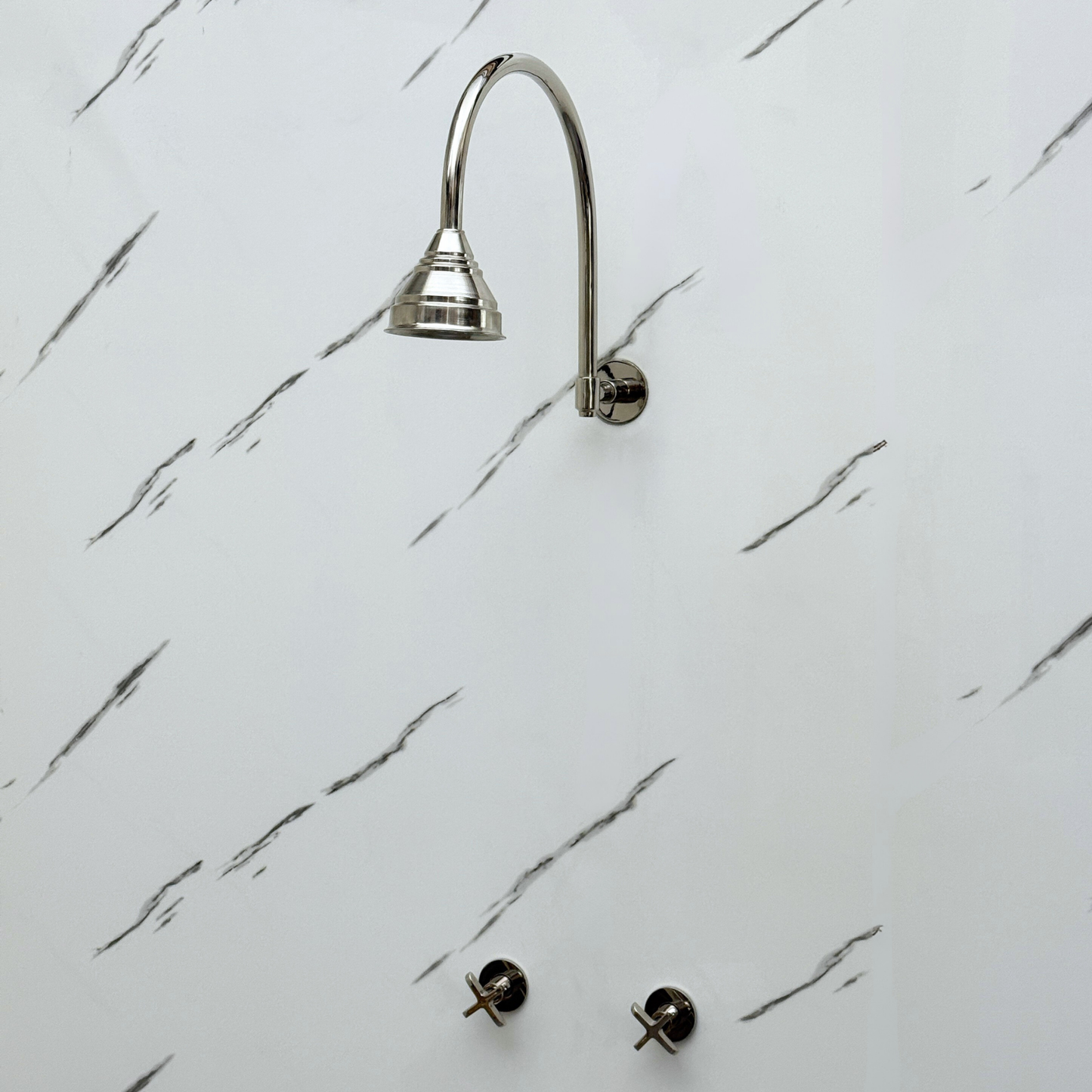 Polished Nickel Shower System with Round Rain Shower Head, Arcuate Arm and Cross Handles