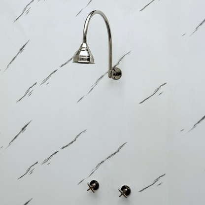 Polished Nickel Shower System with Round Rain Shower Head, Arcuate Arm and Cross Handles