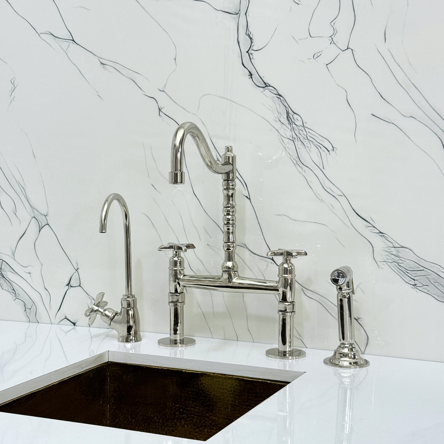 Polished Nickel Victorian Bridge Faucet with Sprayer, Cold Water Faucet and Cross Handles