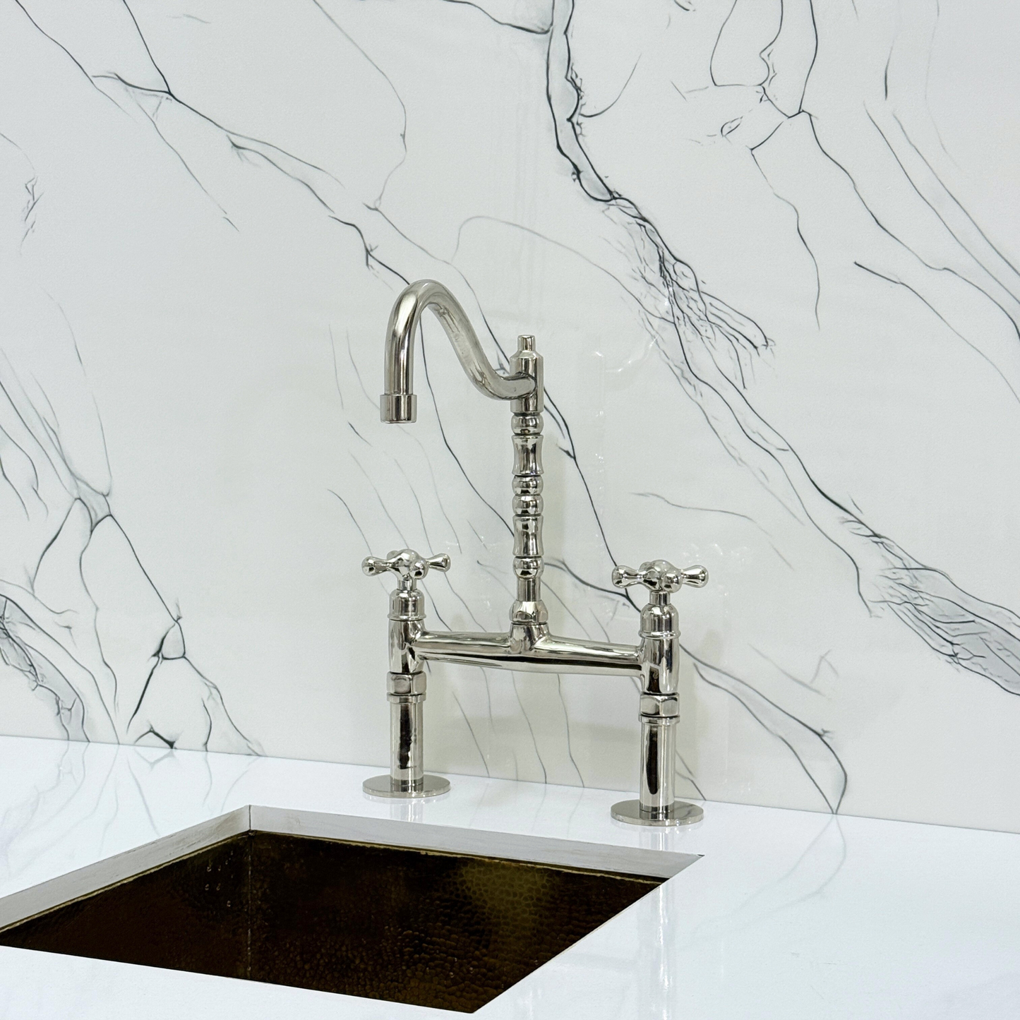 Polished Nickel Victorian Bridge Faucet with Sprayer, Cold Water Faucet and Cross Handles