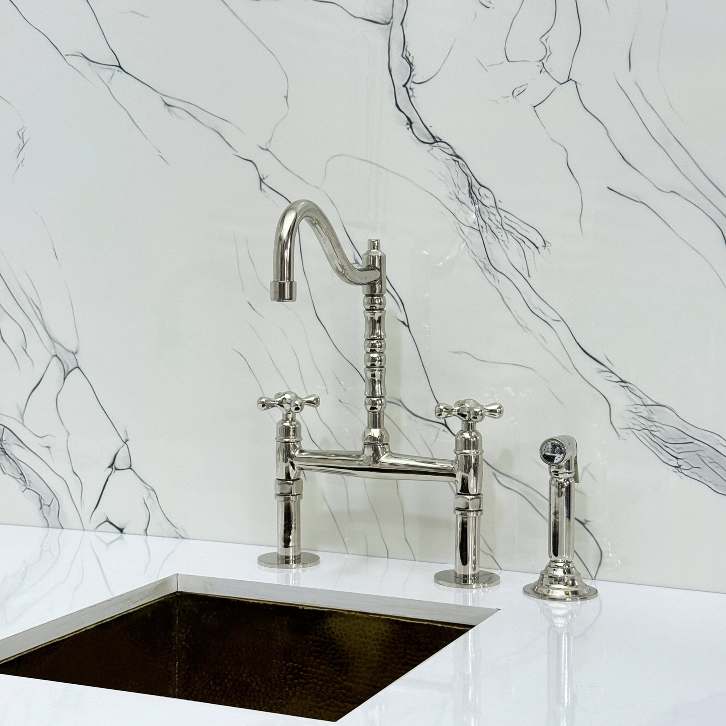 Polished Nickel Victorian Bridge Faucet with Sprayer, Cold Water Faucet and Cross Handles