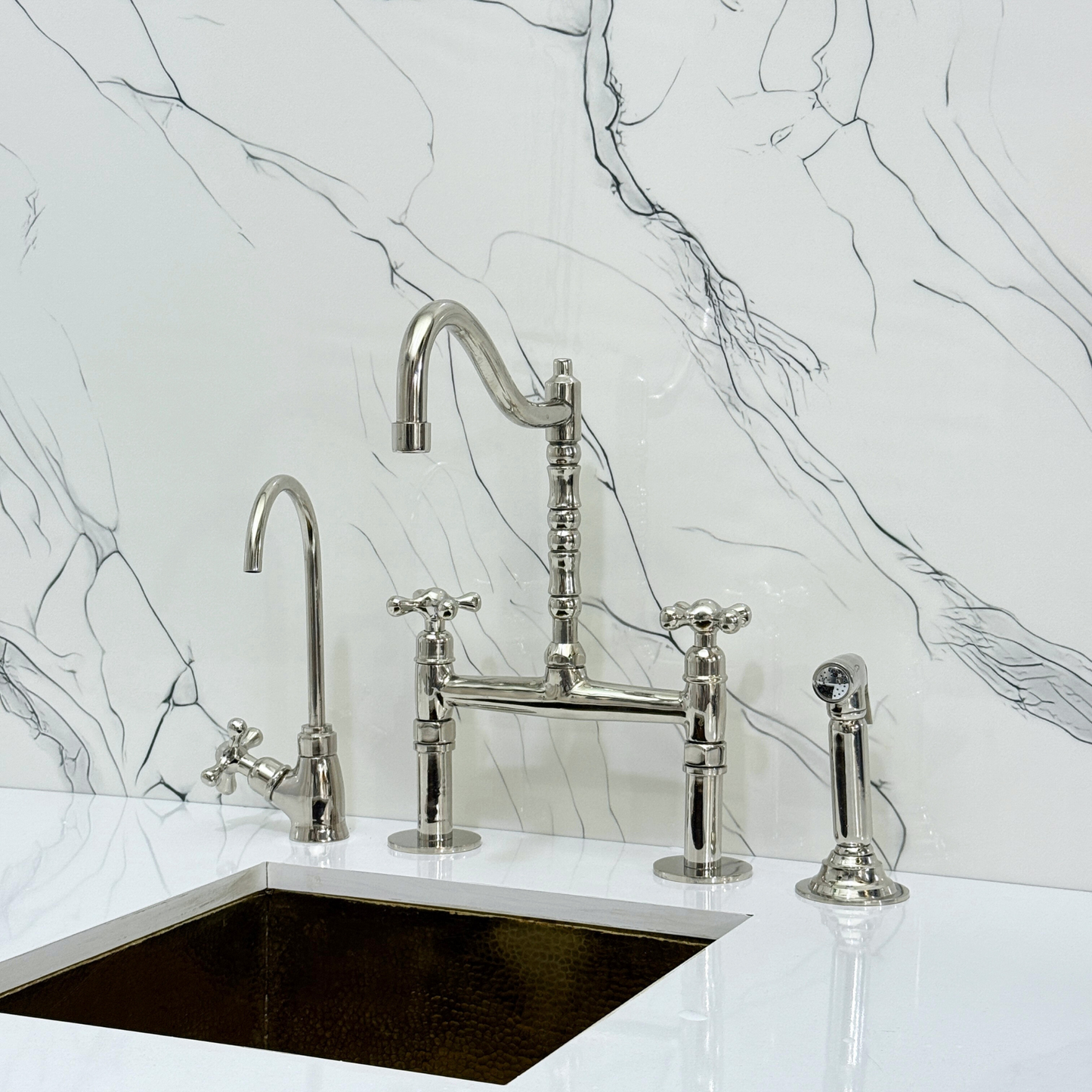 Polished Nickel Victorian Bridge Faucet with Sprayer, Cold Water Faucet and Cross Handles