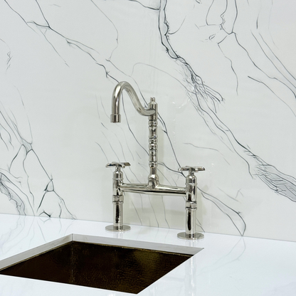 Polished Nickel Victorian Bridge Faucet with Sprayer, Cold Water Faucet and Cross Handles