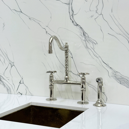 Polished Nickel Victorian Bridge Faucet with Sprayer, Cold Water Faucet and Cross Handles