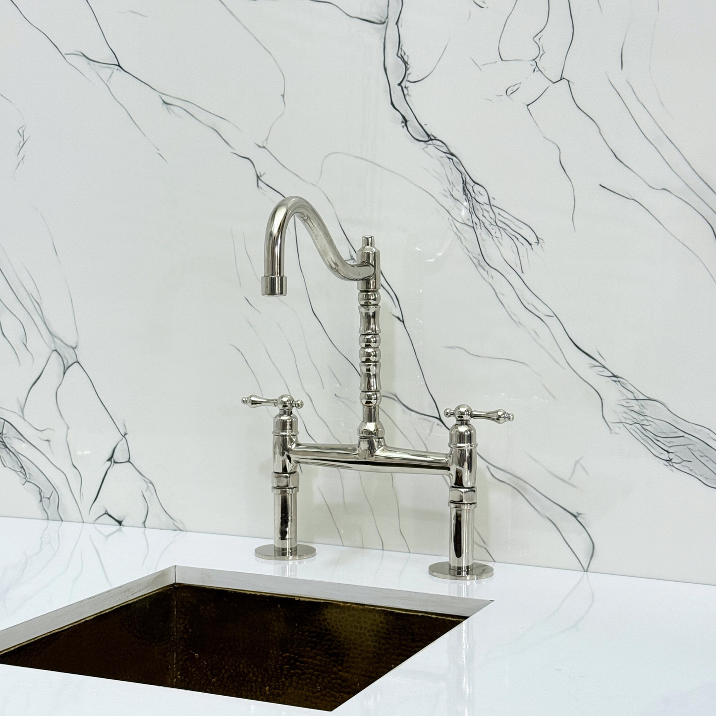 Polished Nickel Victorian Bridge Faucet with Sprayer, Cold Water Faucet and Lever Handles