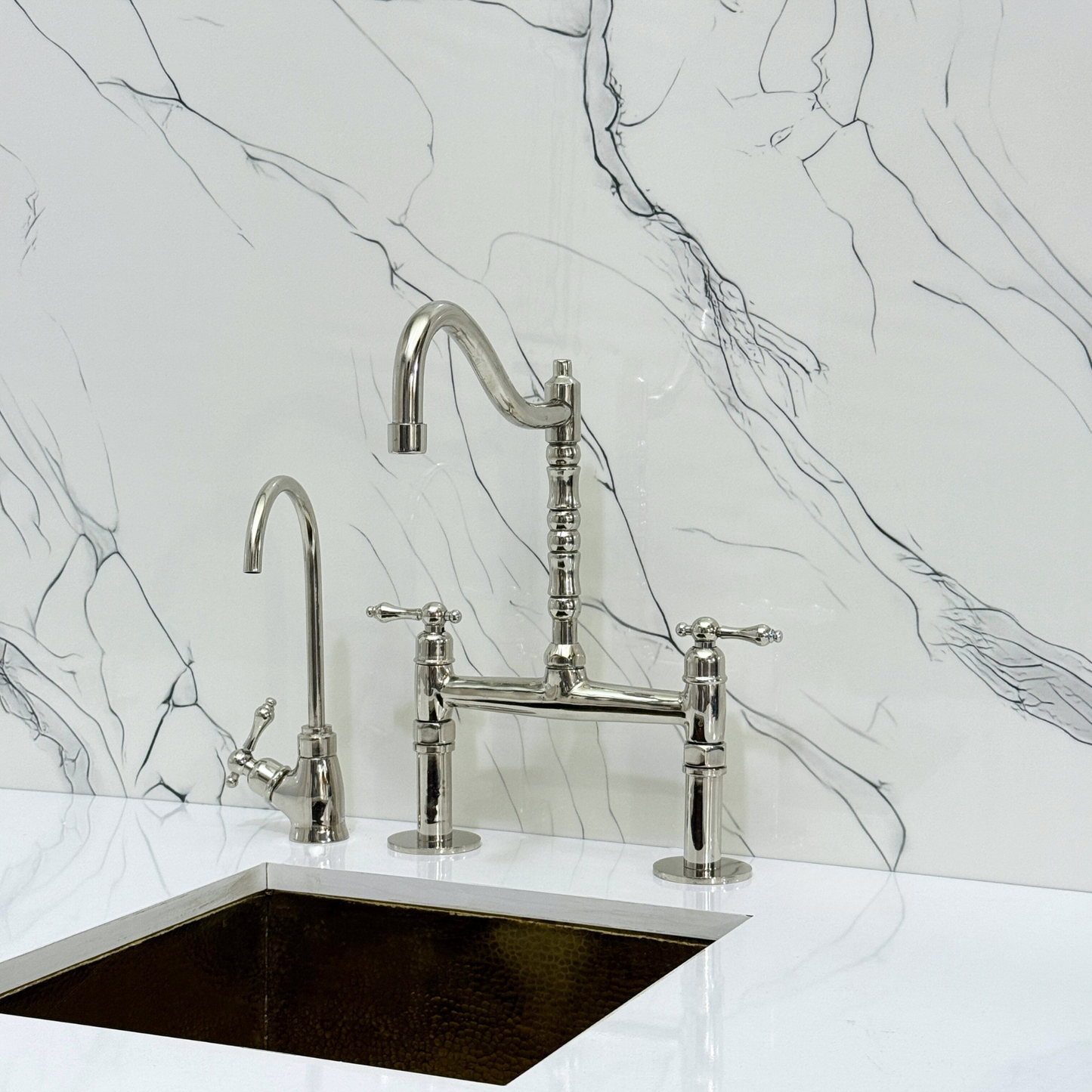 Polished Nickel Victorian Bridge Faucet with Sprayer, Cold Water Faucet and Lever Handles