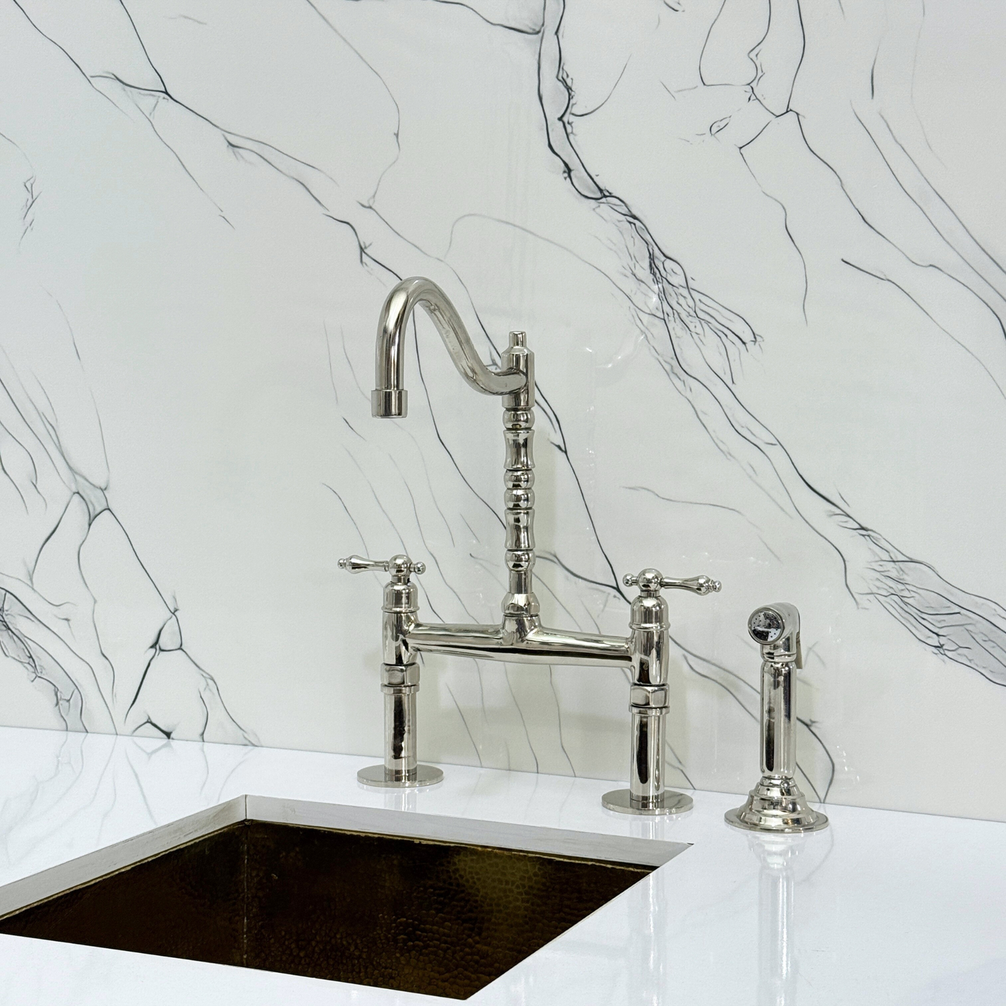 Polished Nickel Victorian Bridge Faucet with Sprayer, Cold Water Faucet and Lever Handles