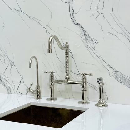 Polished Nickel Victorian Bridge Faucet with Sprayer, Cold Water Faucet and Lever Handles