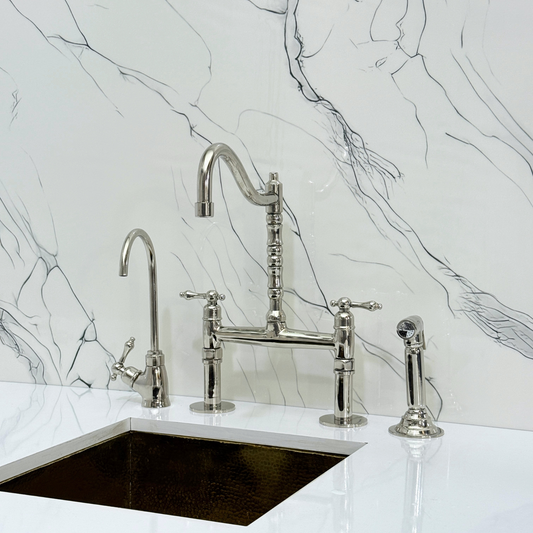 Polished Nickel Victorian Bridge Faucet with Sprayer, Cold Water Faucet and Lever Handles