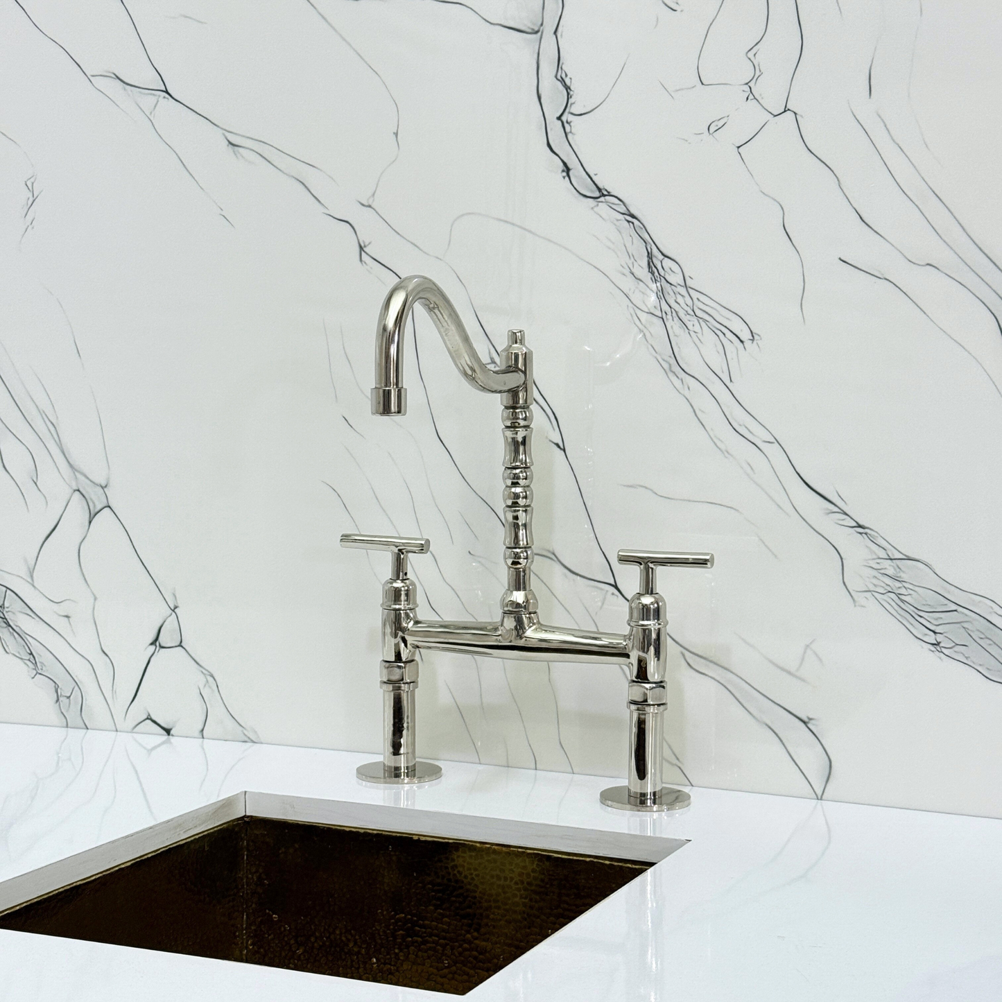 Polished Nickel Victorian Bridge Faucet with Sprayer, Cold Water Faucet and Lever Handles