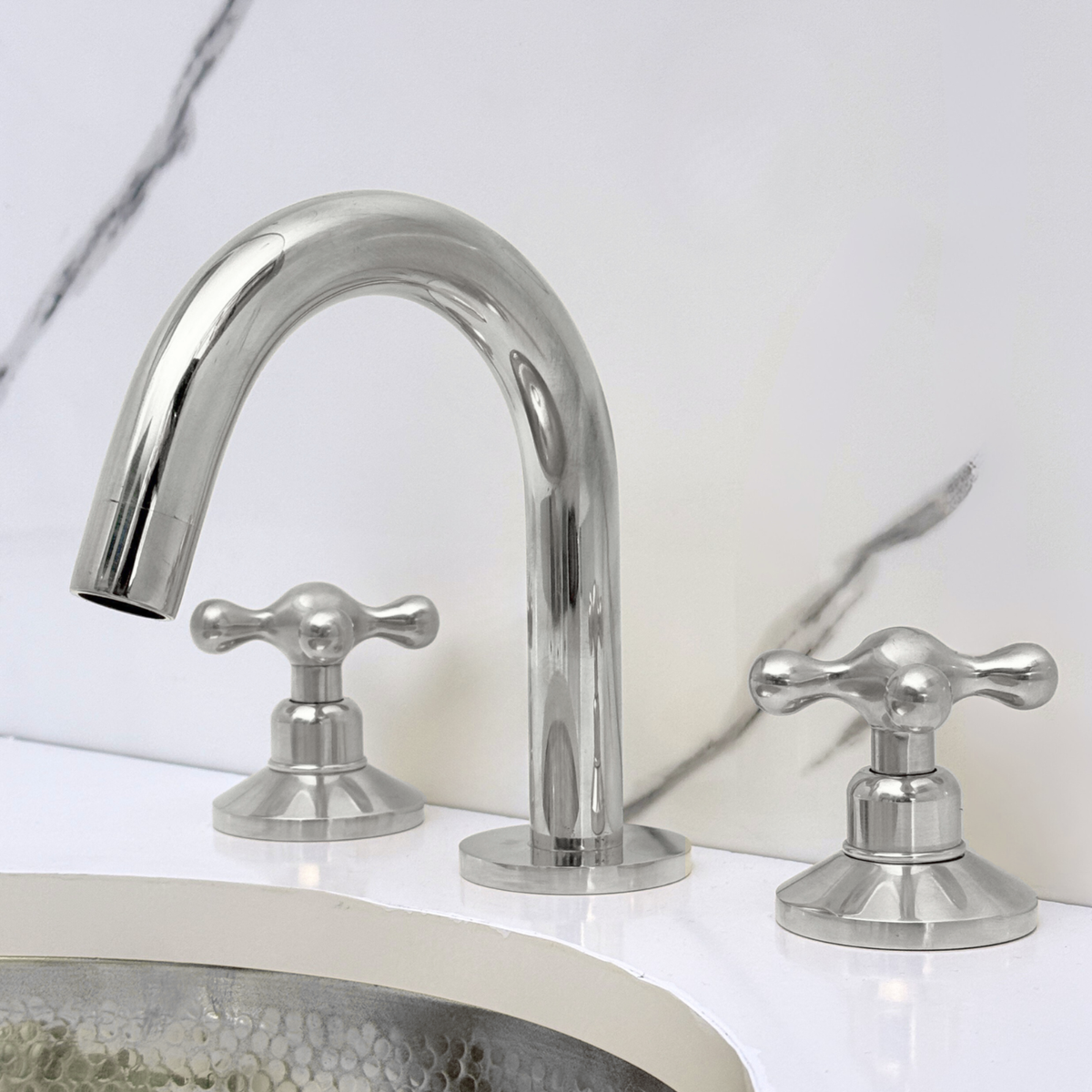 Polished Nickel Gooseneck Widespread Bathroom Faucet with Cross Handles