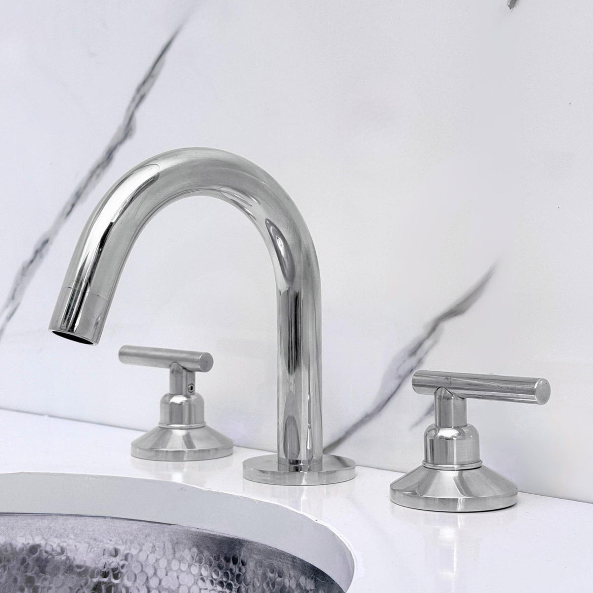 Polished Nickel Gooseneck Widespread Bathroom Faucet with Lever Handles
