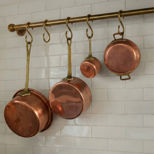 Unlacquered Brass Hanging Pot Rack, Kitchen Hook Rail, Wall Mount Rail with hooks