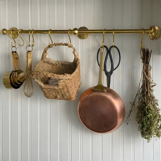 Unlacquered Brass Hanging Pot Rack, Kitchen Hook Rail, Wall Mount Rail with hooks