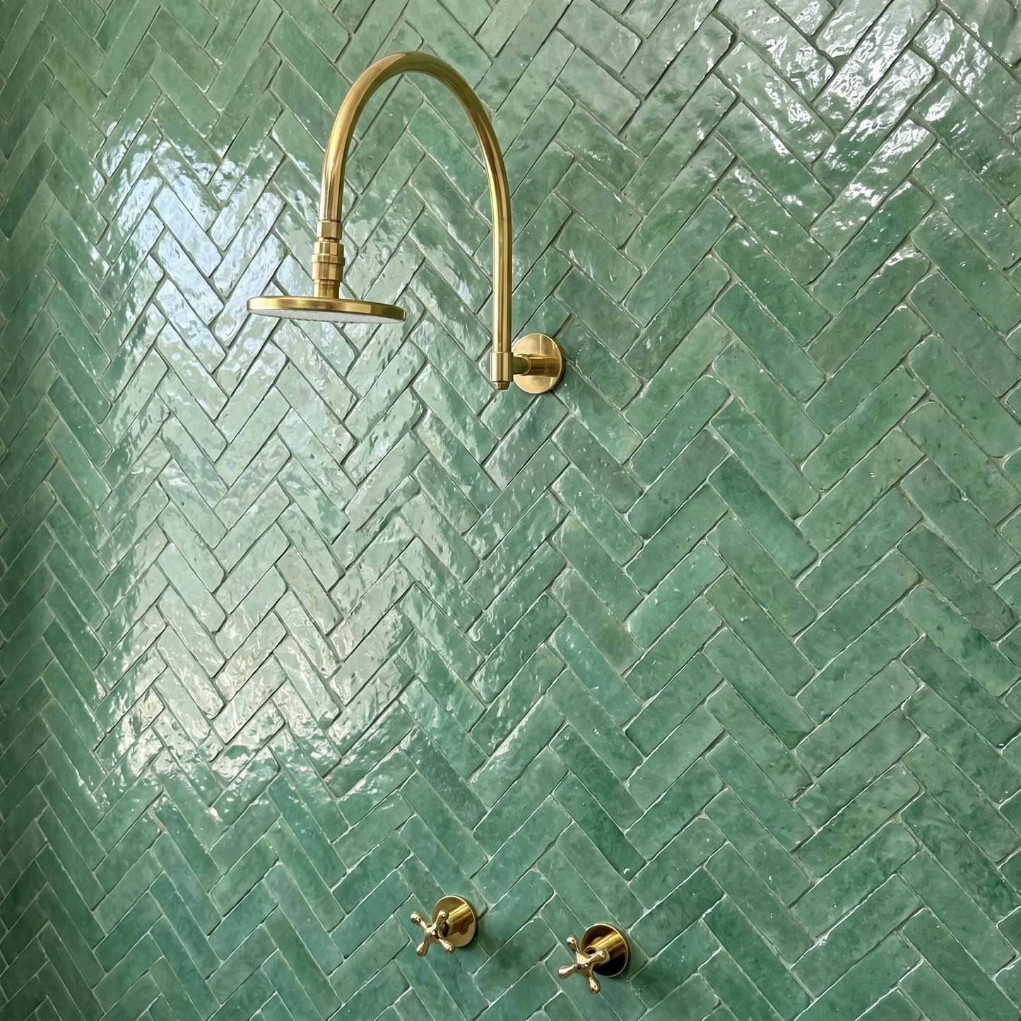 Unlacquered Brass Shower System with Adjustable Flat Round Rain Shower Head, Arcuate Arm and Cross Handles