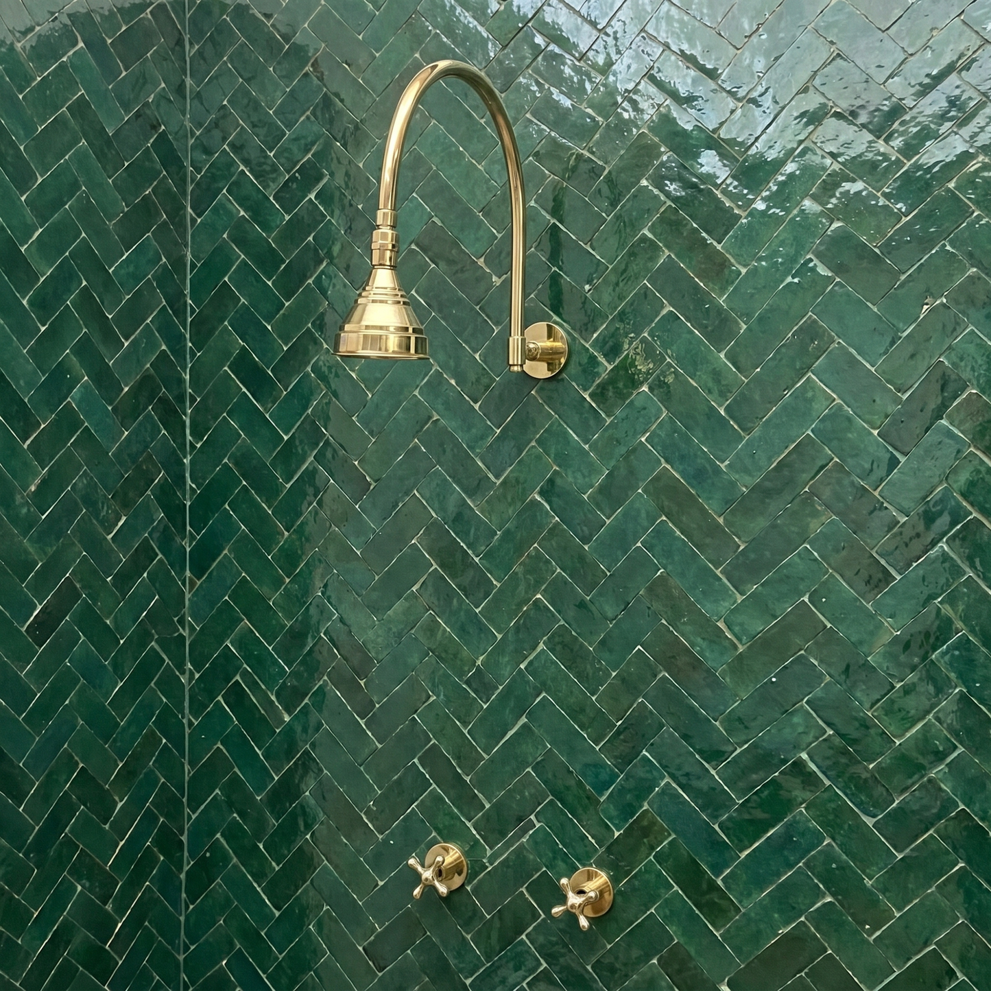 Unlacquered Brass Shower System with Adjustable Round Rain Shower Head, Arcuate Arm and Cross Handles