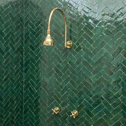Unlacquered Brass Shower System with Adjustable Round Rain Shower Head, Arcuate Arm and Cross Handles