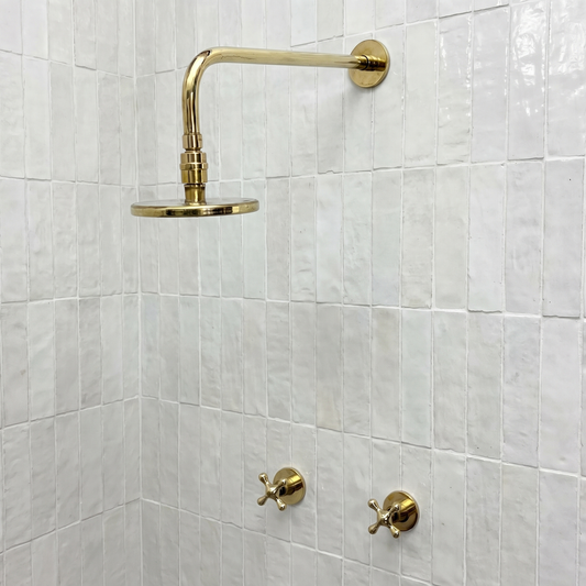 Unlacquered Brass Shower System with Adjustable Flat Round Rain Shower Head, Straight Arm and Cross Handles