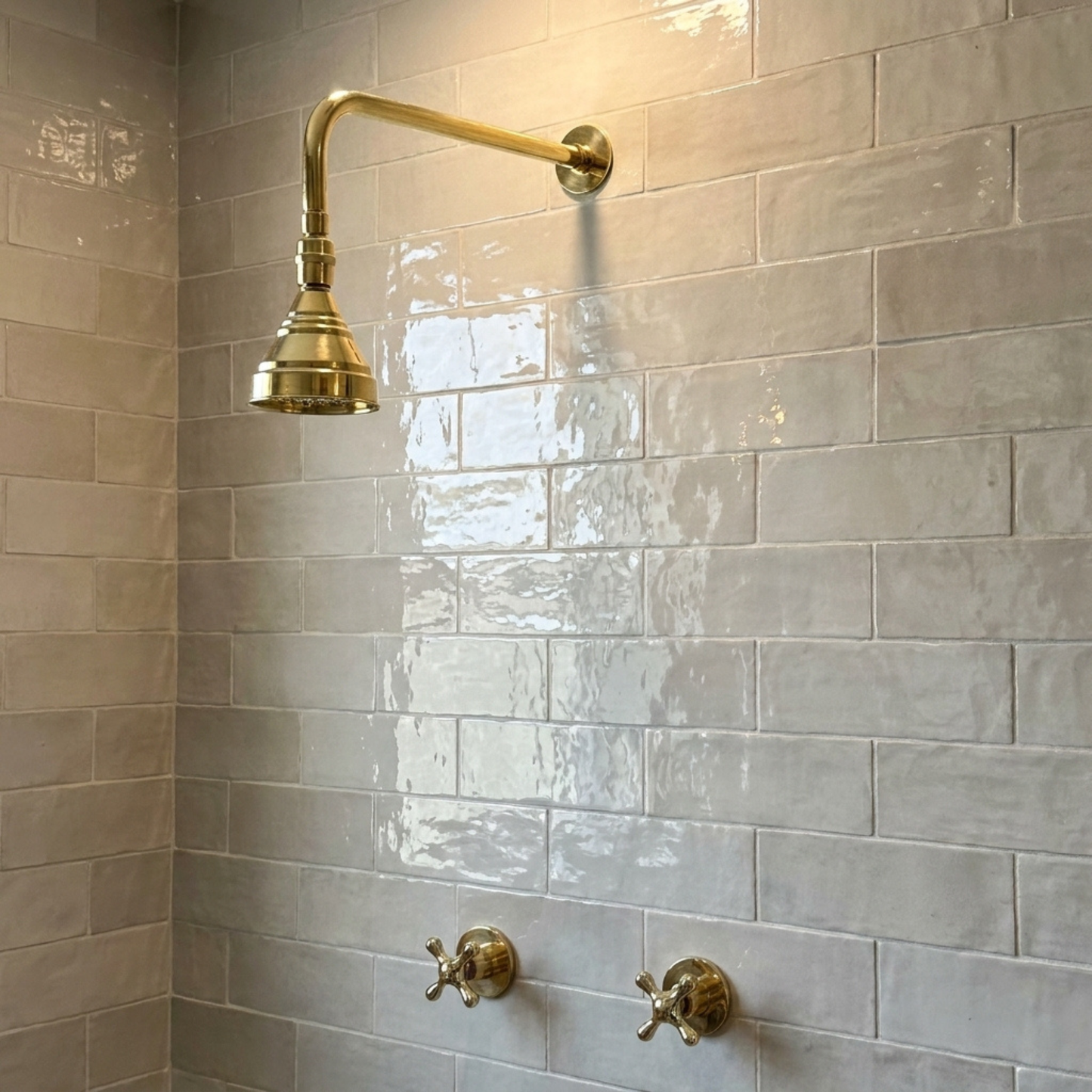 Unlacquered Brass Shower System with Adjustable Round Rain Shower Head, Straight Arm and Cross Handles