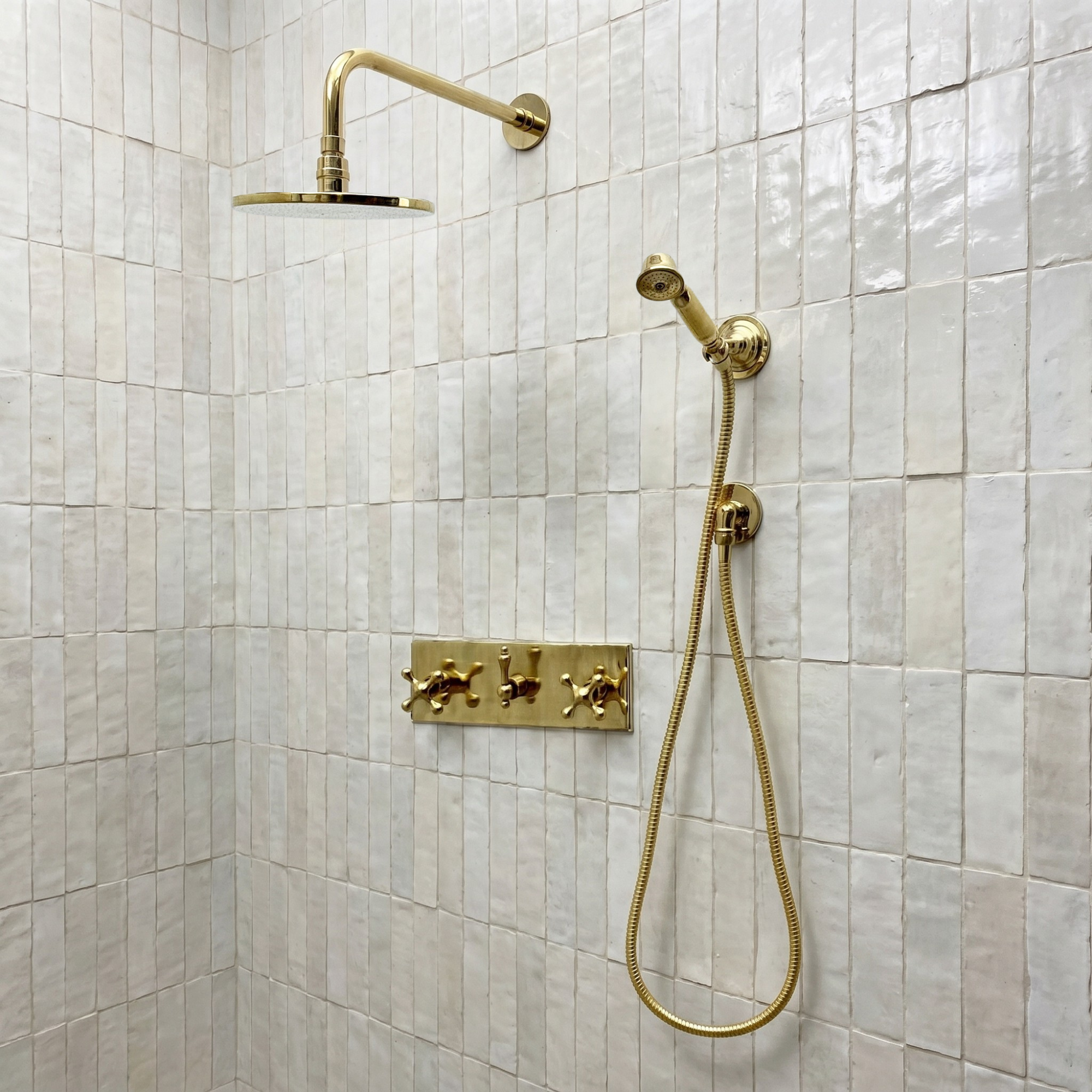 Unlacquered Brass Shower System with Flat Round Rain, Adjustable Shower Head, Handheld Shower Head, Central - image 1