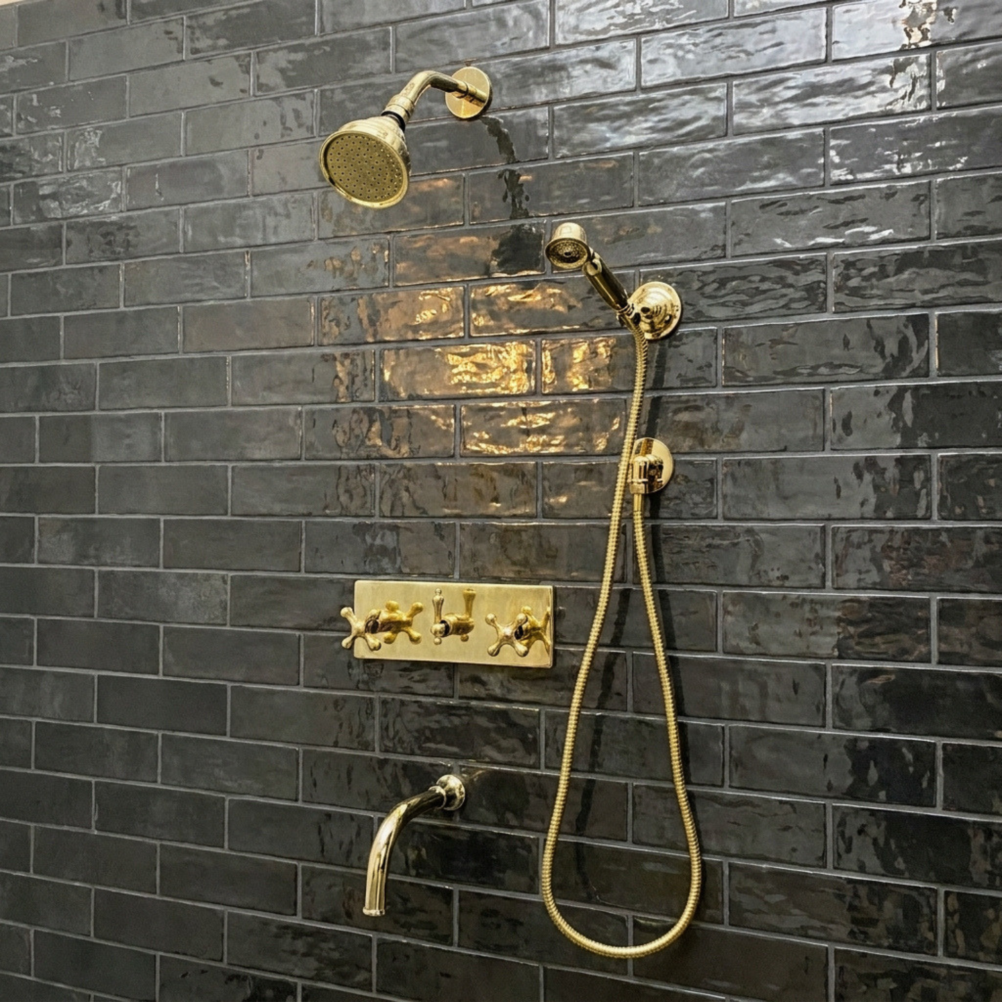 Unlacquered Brass Shower System with Adjustable Round Rain Shower Head, Handheld Shower Head, Central Brass Plaque, Tub Filler and Cross Handles