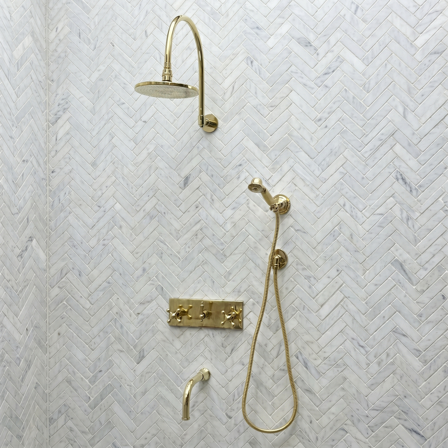 Unlacquered Brass Shower System with Adjustable Flat Round Rain Shower Head, Handheld Shower Head ,Central Brass Plaque, Tub Filler and Cross Handles