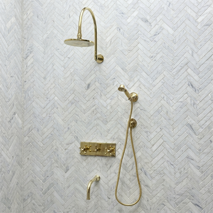 Unlacquered Brass Shower System with Adjustable Flat Round Rain Shower Head, Handheld Shower Head ,Central Brass Plaque, Tub Filler and Cross Handles