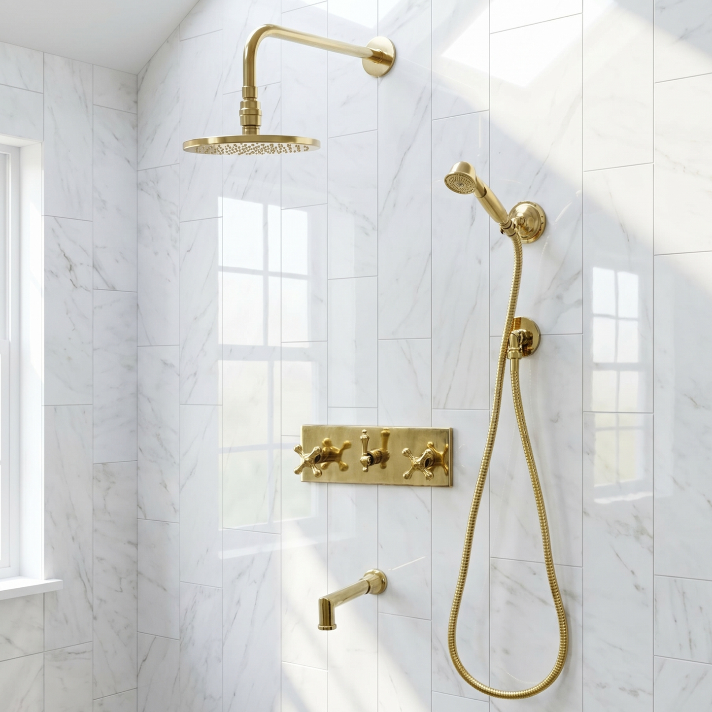 Unlacquered Brass Shower System with Flat Adjustable Round Rain Shower Head, Handheld Shower Head, Central Brass Plaque, Tub Filler and Cross Handles