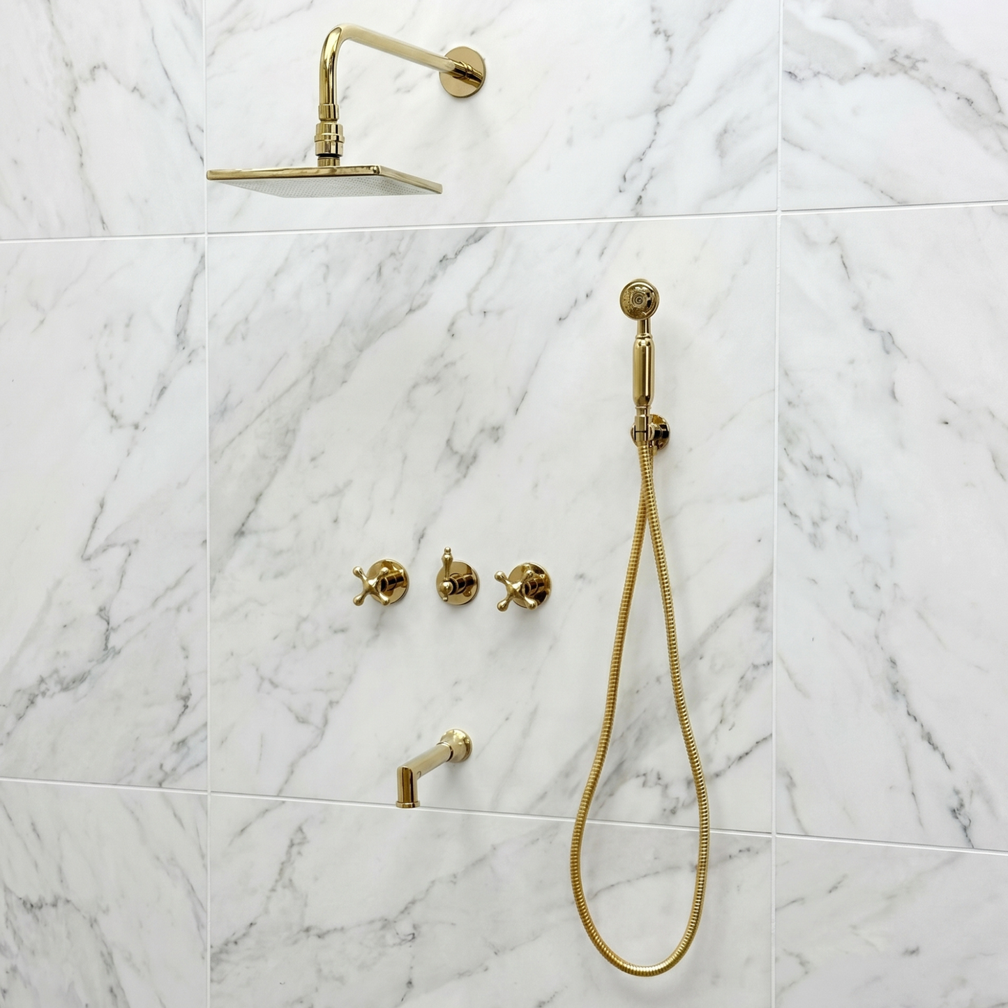 Unlacquered Brass Shower System with Adjustable Flat Square Rain Shower Head, Handheld Shower Head, Tub Filler and Cross Handles