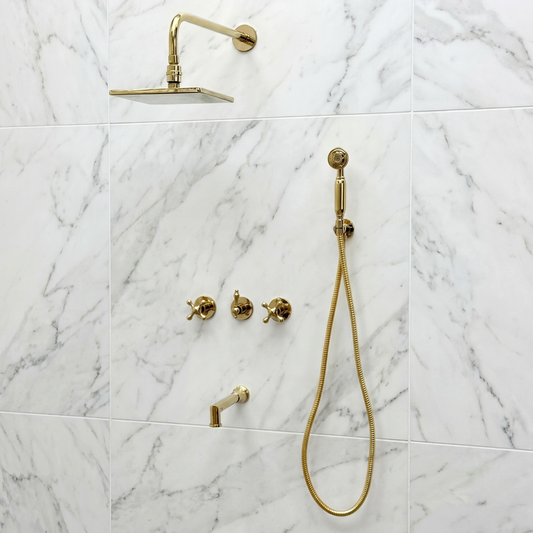 Unlacquered Brass Shower System with Adjustable Flat Square Rain Shower Head, Handheld Shower Head, Tub Filler and Cross Handles