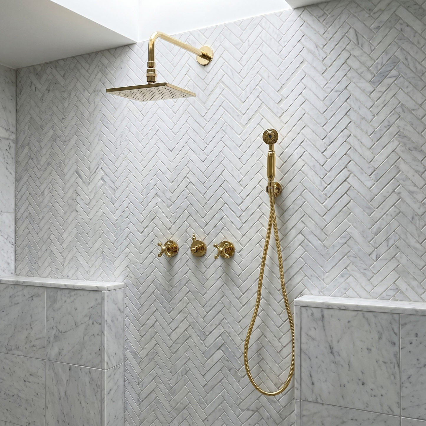 Unlacquered Brass Shower System with Adjustable Flat Square Rain Shower Head, Handheld Shower Head and Cross Handles