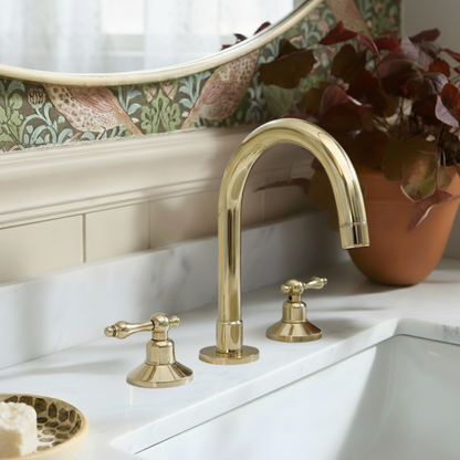 Unlacquered Brass Widespread Bathroom Gooseneck Sink Faucet With Lever Handles