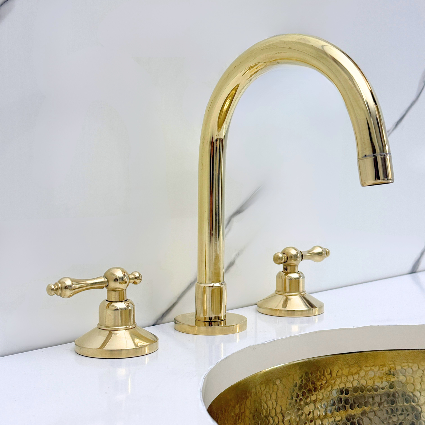 Unlacquered Brass Widespread Bathroom Gooseneck Sink Faucet With Lever Handles