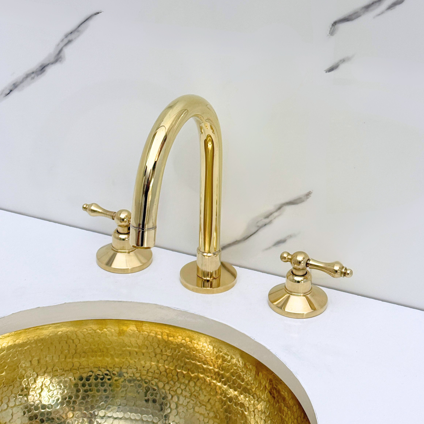 Unlacquered Brass Widespread Bathroom Gooseneck Sink Faucet With Lever Handles