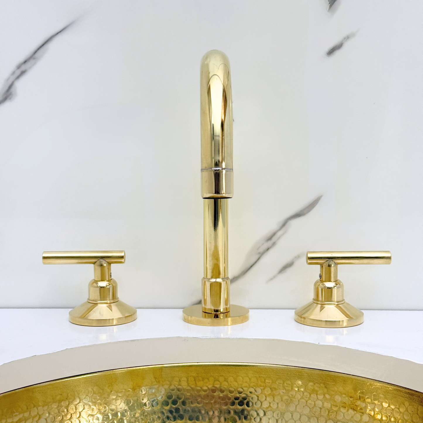 Unlacquered Brass Widespread Bathroom Gooseneck Sink Faucet With Lever Handles